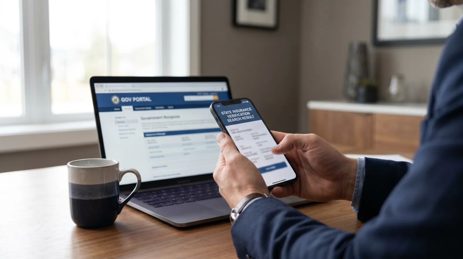 Hands holding a smartphone next to a laptop on a clean desk, comparing a state insurance verification result to a government website on screen