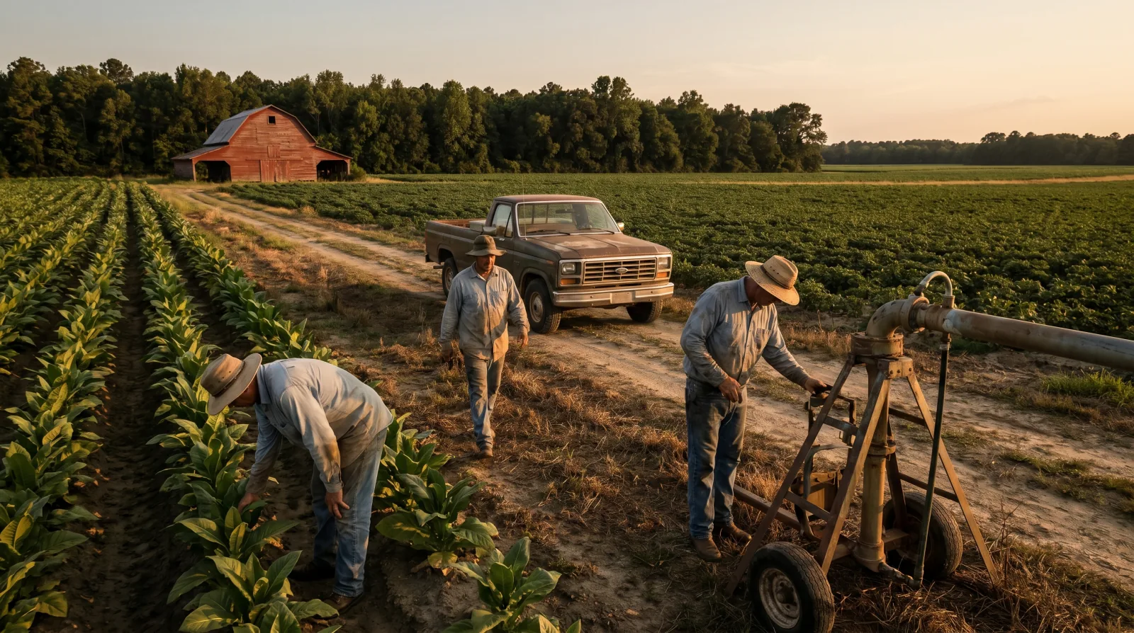 North Carolina farm at golden hour with three workers tending crops in a wide field, a faded red barn at the edge of the frame