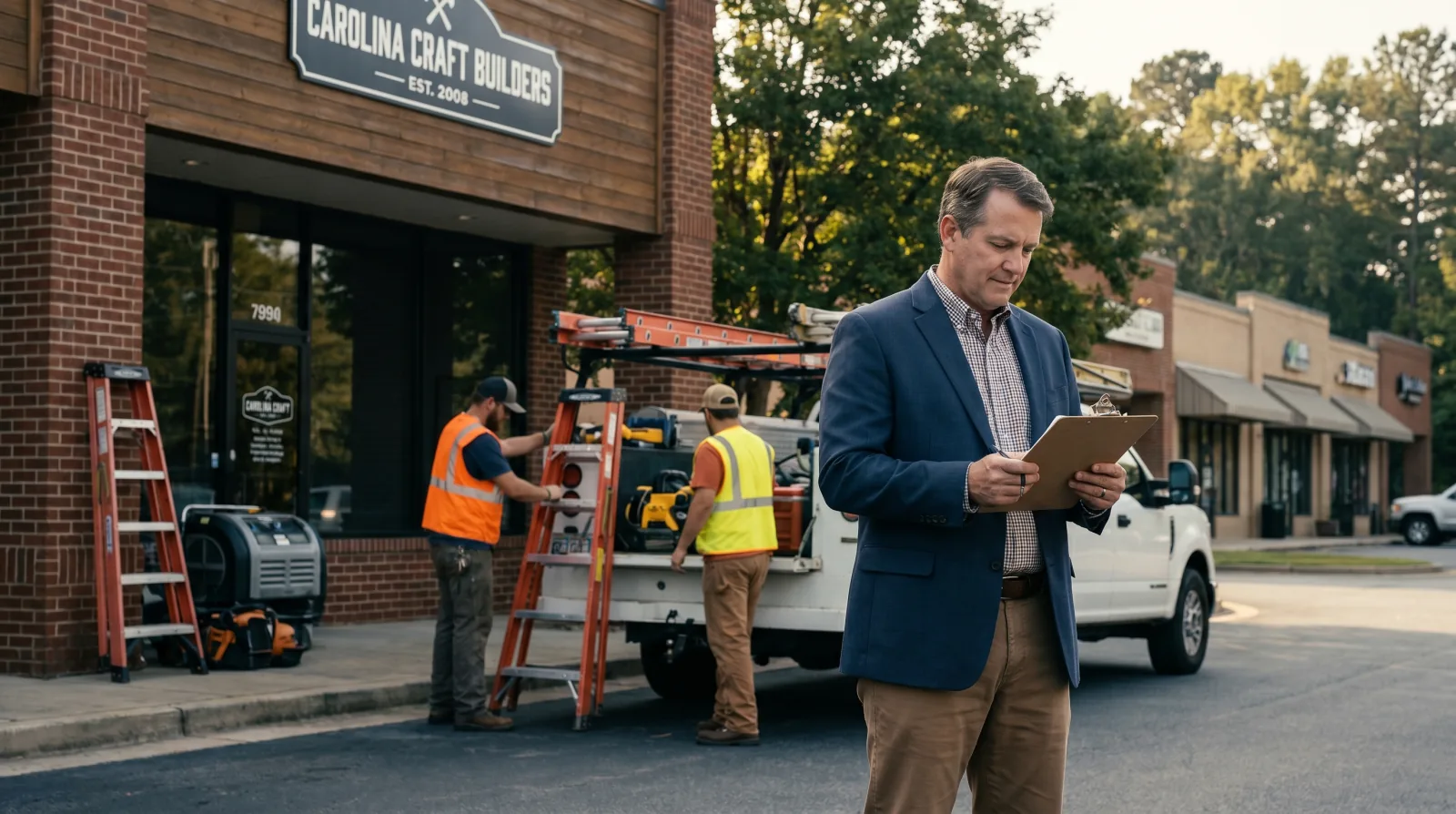 Small North Carolina business owner reviewing a clipboard outside his shop with two crew members organizing equipment in the background