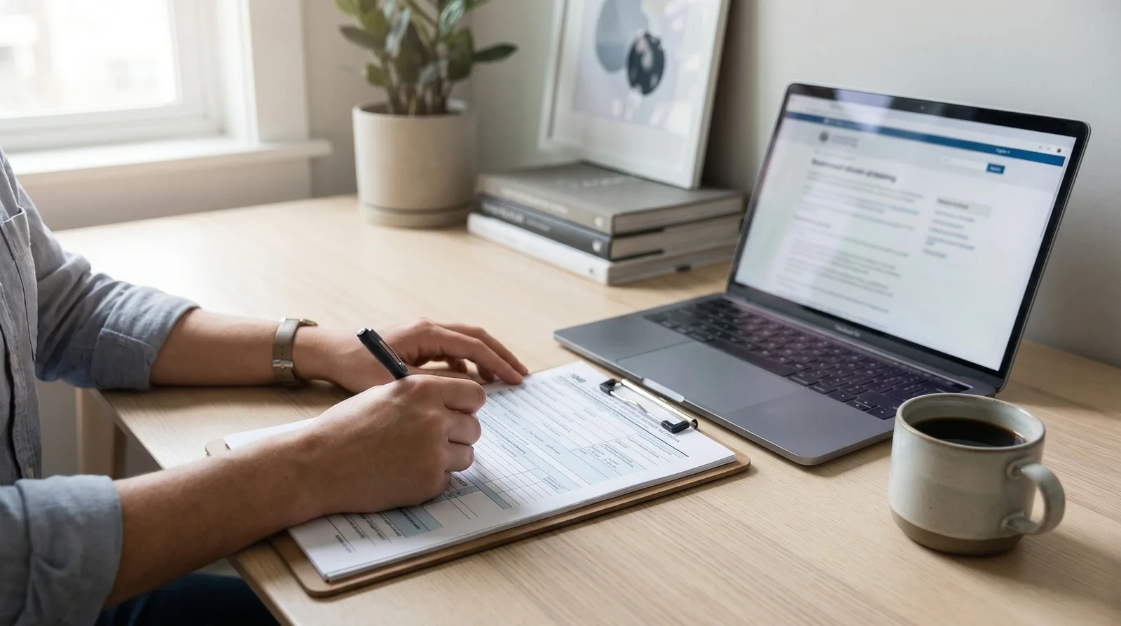 A person filling out a North Carolina Industrial Commission Form 18 at a desk, with a pen and laptop, preparing to file a workers' compensation claim