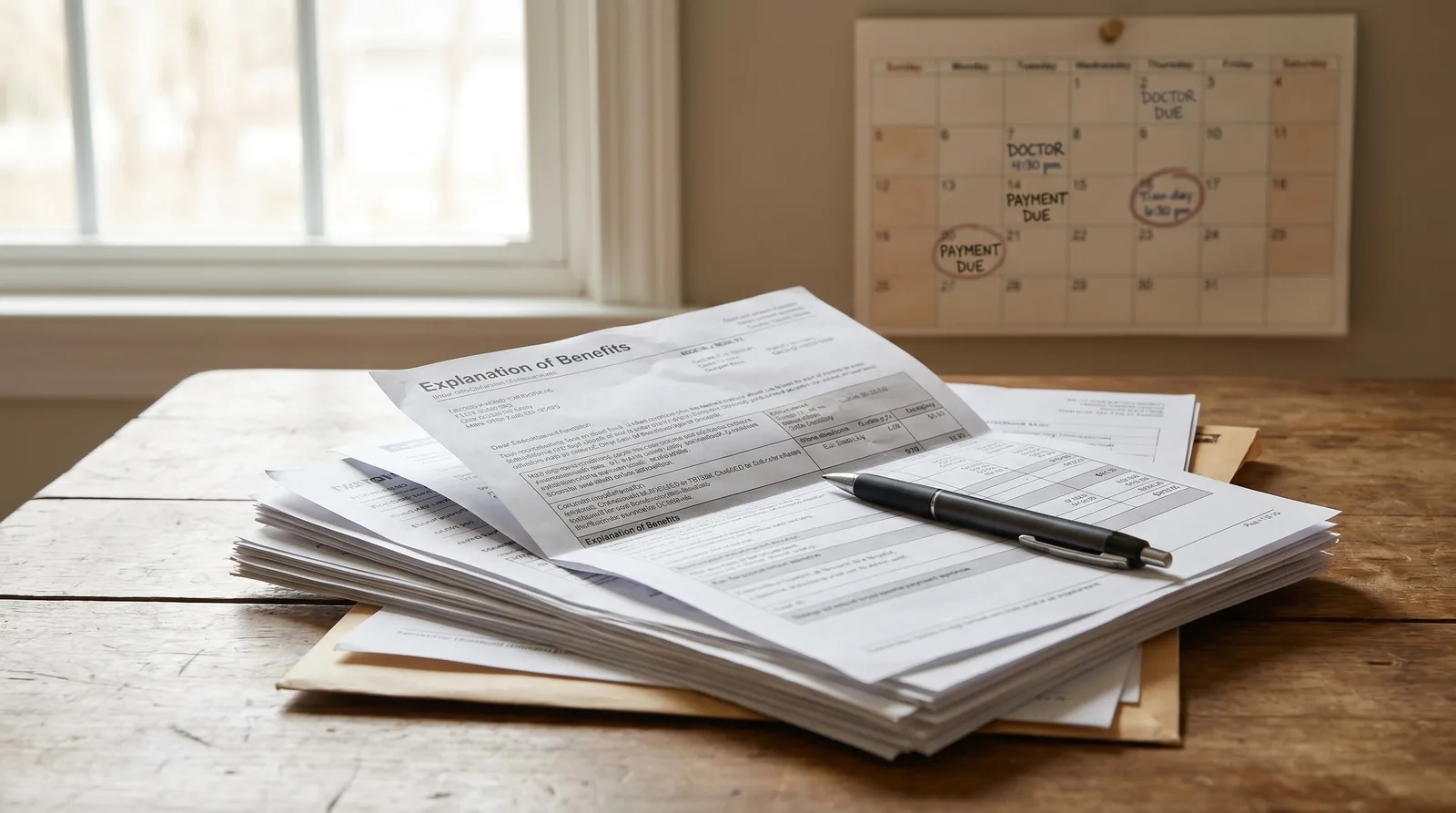 Close-up of medical bills and an insurance explanation of benefits statement on a kitchen table, with a calendar in soft focus behind them